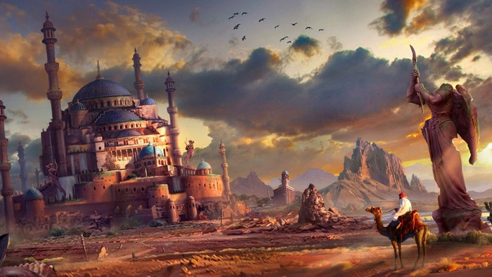 Fantasy desert city with angel statue and camel rider