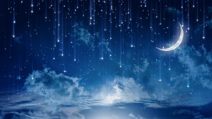 Crescent Moon and Shooting Stars in a Night Sky