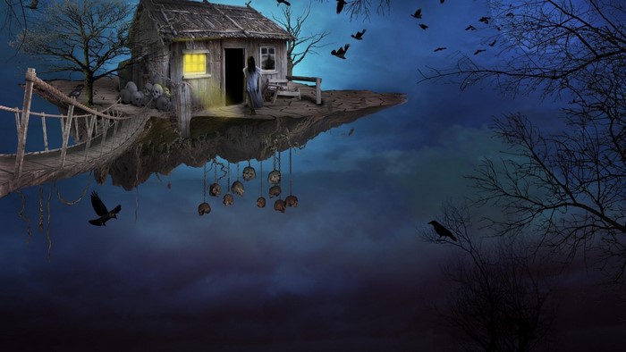 Fantasy house on a floating island with skulls