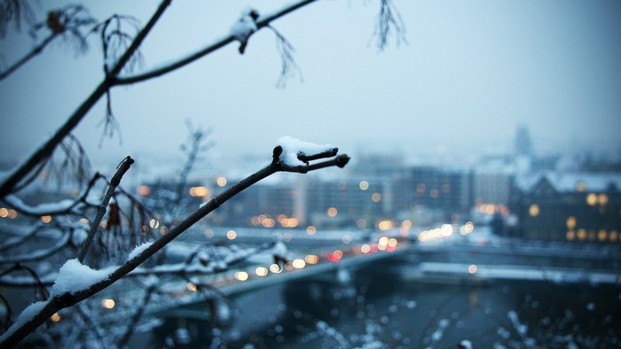 Cold Winter Evening Cityscape with Snow