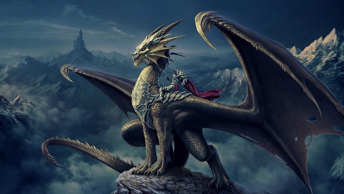 Dragon with Knight Rider in Mountains