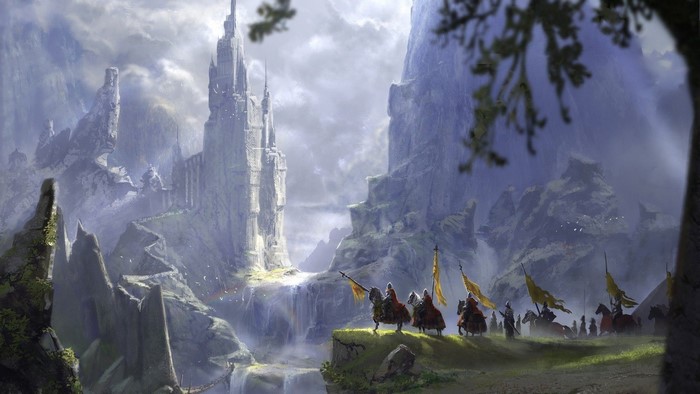 Fantasy landscape with castle and knights on horseback