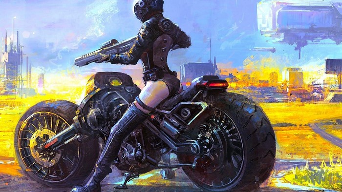 Biker girl with futuristic motorcycle in a sci-fi city