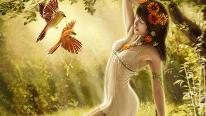 Fantasy girl with flowers and birds
