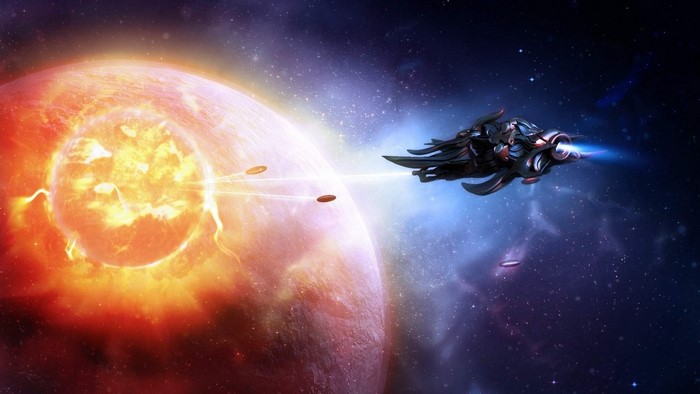 Alien spaceship near a burning planet