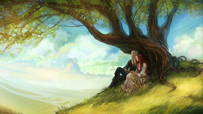 Fantasy couple sitting under a large tree