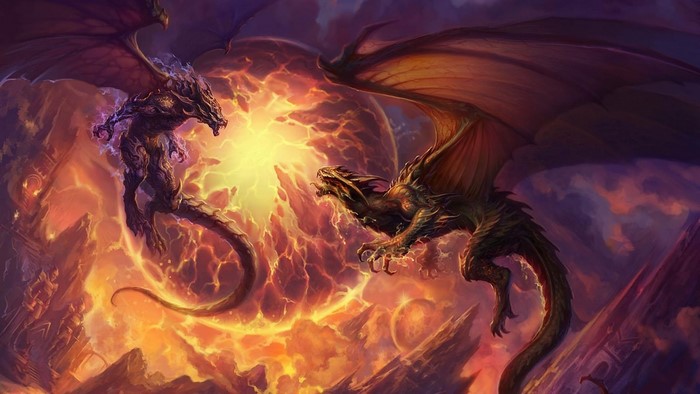 Two dragons fighting in a fiery explosion