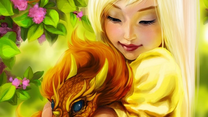 Girl holding a fantasy dragon with flowers