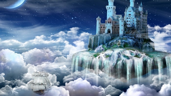 Fantasy castle on an island with waterfalls and a ship