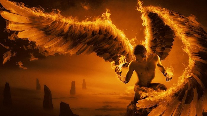 Angel with fiery wings in a mystical landscape