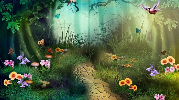 Enchanted Forest Path with Butterflies and Flowers