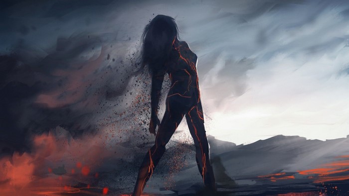 Female figure made of fire and ash