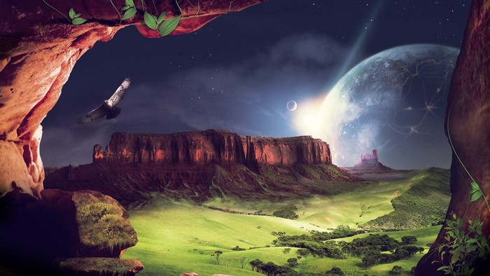Fantasy landscape with alien planet and eagle