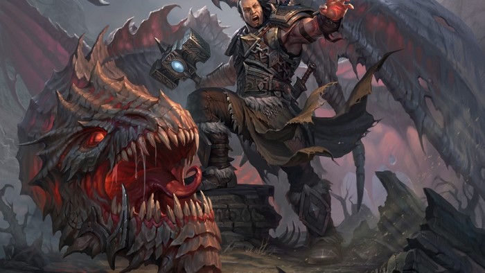Warrior with Hammer Fights a Dragon