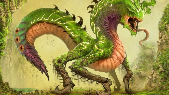 Green fantasy monster with glowing patterns in a forest