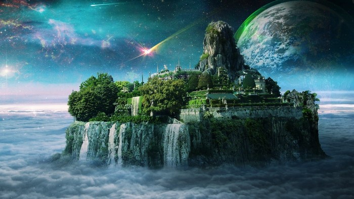 Fantasy island with waterfalls in space