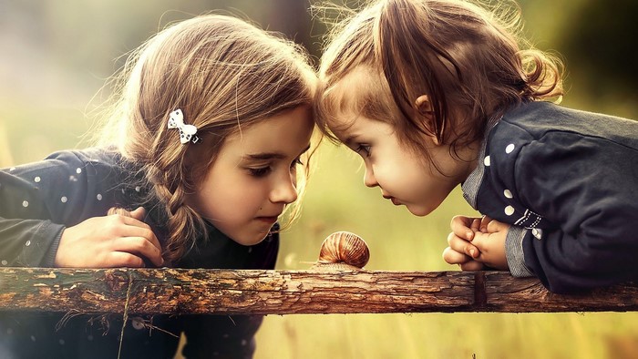 Two girls looking at a snail on a wooden fence