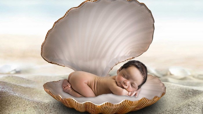 Baby sleeping in a seashell on the beach