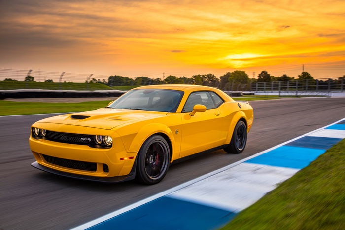 Yellow 2018 Dodge Challenger SRT Hellcat Widebody on Track