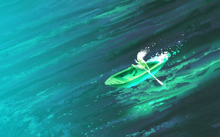 Artwork of a person rowing a boat on the ocean