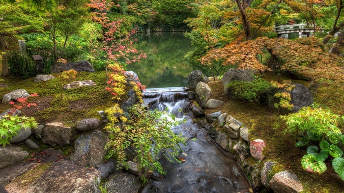 Japanese Garden with Waterfall and Pond