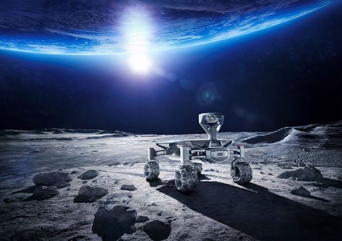 Audi Lunar Rover on the Moon with Earth in the Background