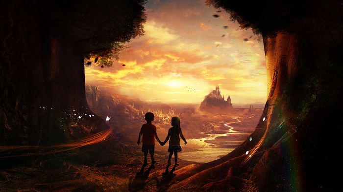 Children holding hands looking at fantasy landscape