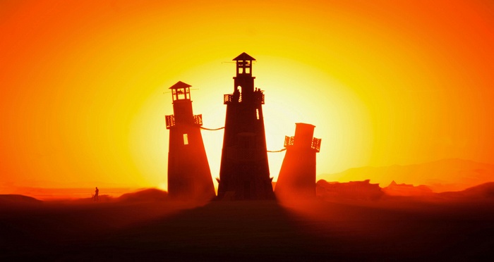 Three Lighthouses at Burning Man at Sunset