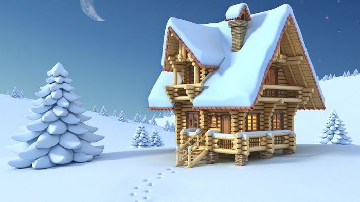 Snowy log cabin with Christmas trees at night