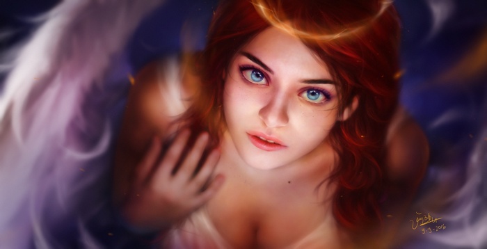 Angel with red hair and blue eyes