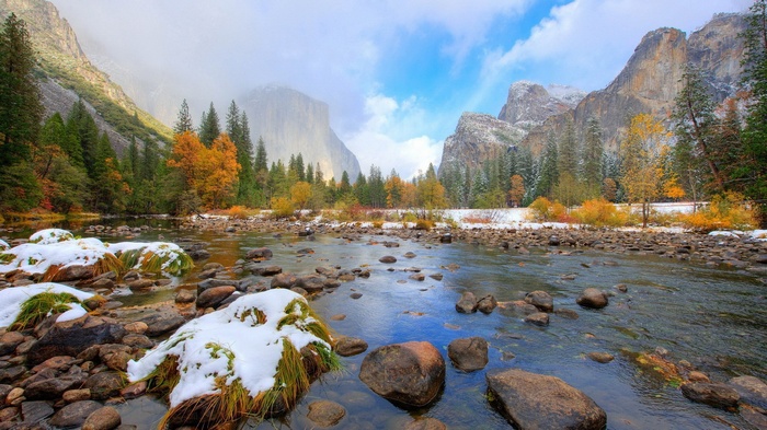 River flowing through Yosemite Valley with autumn foliage and snow