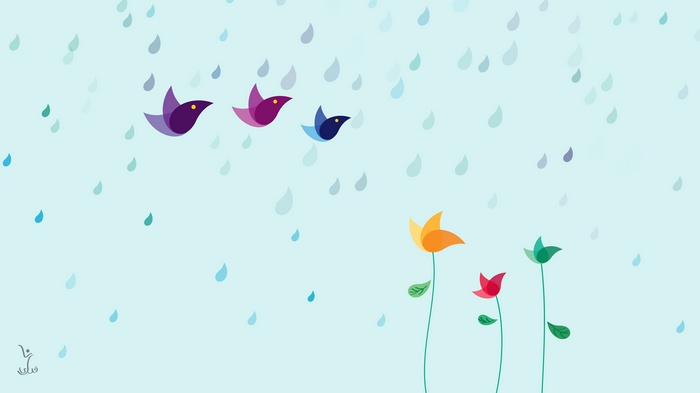Birds and flowers in the rain
