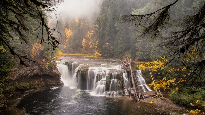 Waterfall in a misty forest during autumn