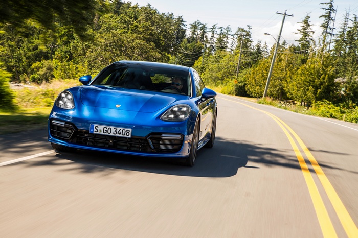 Blue Porsche Panamera Turbo Sport Turismo on Road