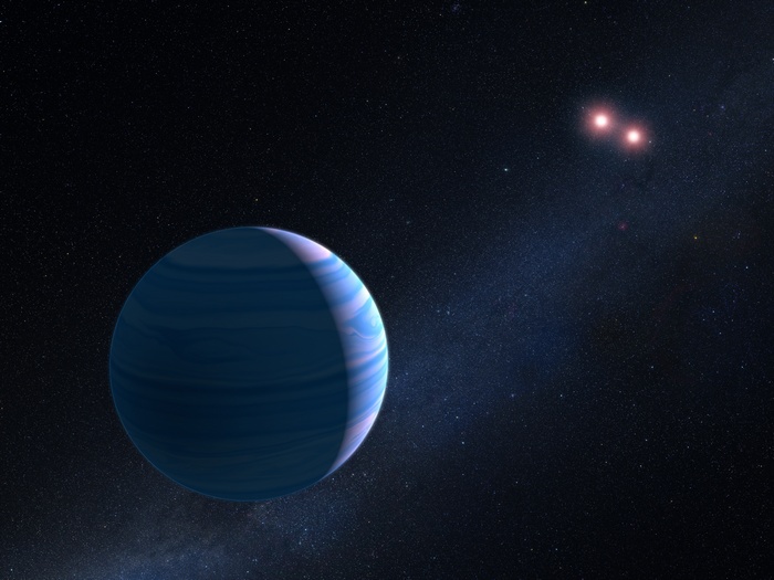 Gas giant planet with striped clouds and binary stars