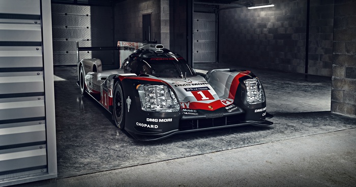 Porsche 919 Hybrid race car in garage