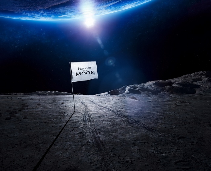 Mission to the Moon flag on the lunar surface