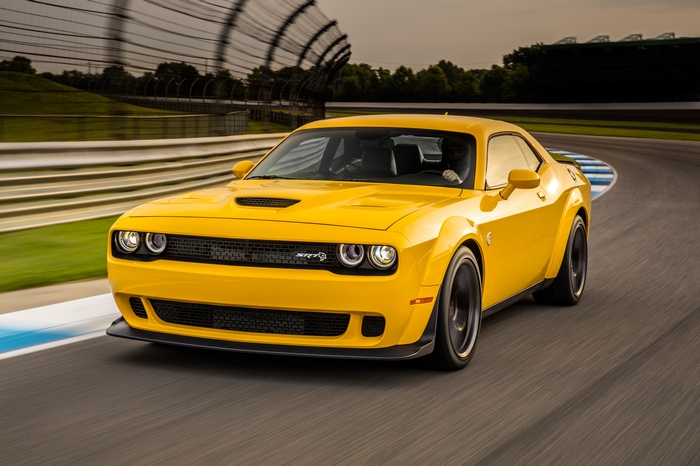 Yellow 2018 Dodge Challenger SRT Hellcat Widebody on a Racetrack