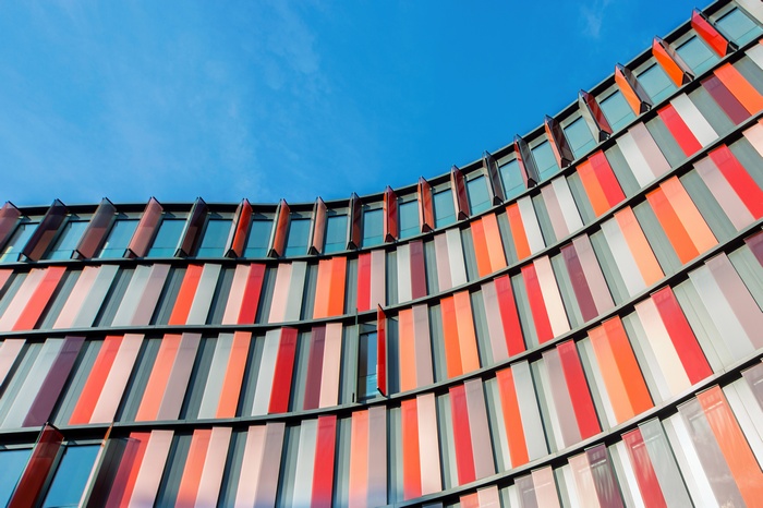Modern building facade with colorful vertical panels