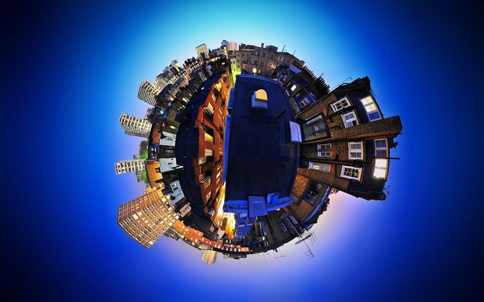 Planet Earth cityscape at night with fisheye lens