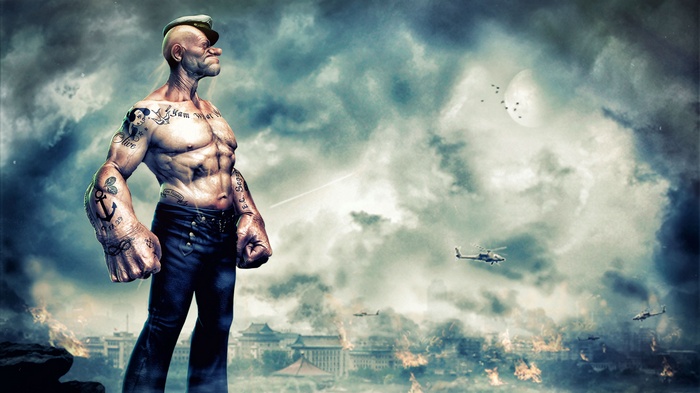 Popeye in a war-torn city with helicopters