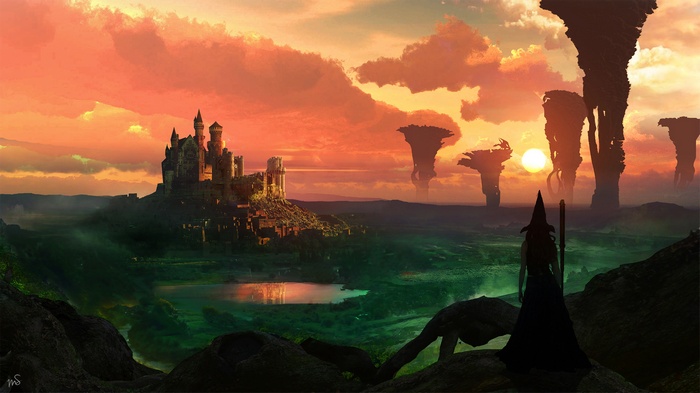 Fantasy castle and strange rock formations at sunset