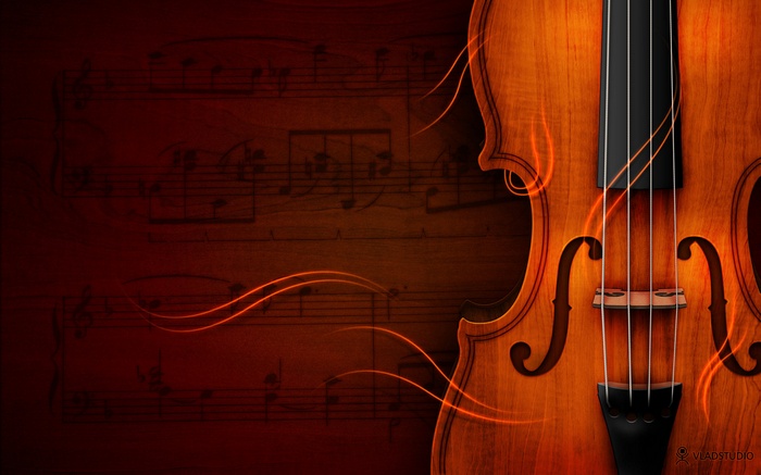 Violin with musical notes and glowing lines