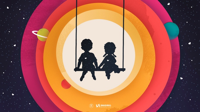 Children on a swing in space with planets