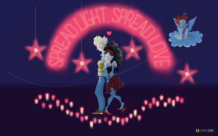 Couple under neon sign with cupid and stars