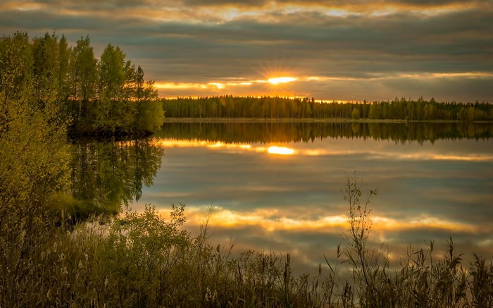 Sunset over a calm lake with trees and reflections