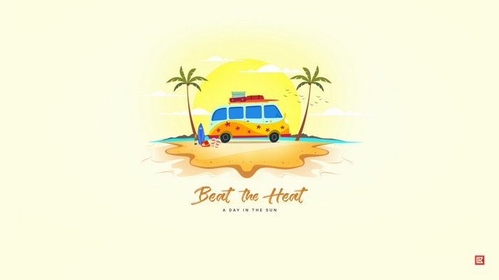 Summer Van on a Beach with Palm Trees