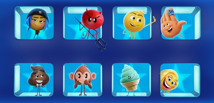 The Emoji Movie characters: Jailbreak, Devil, Gene, Hi-5, Poop, Monkey, Ice Cream, Smiler