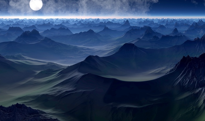 Moonlit alien mountain range landscape