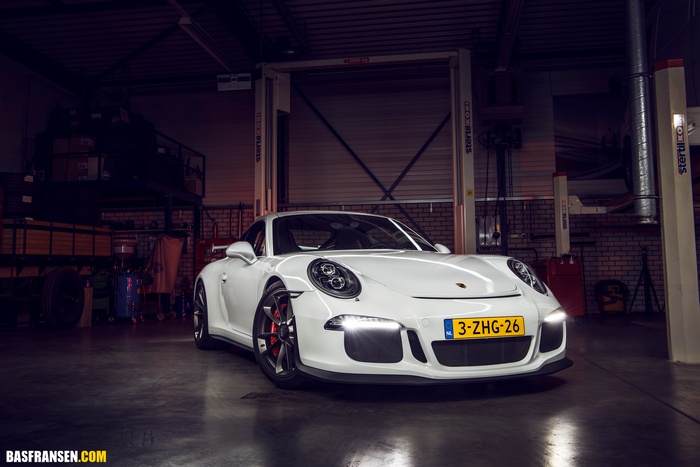 White Porsche 911 GT3 in a garage